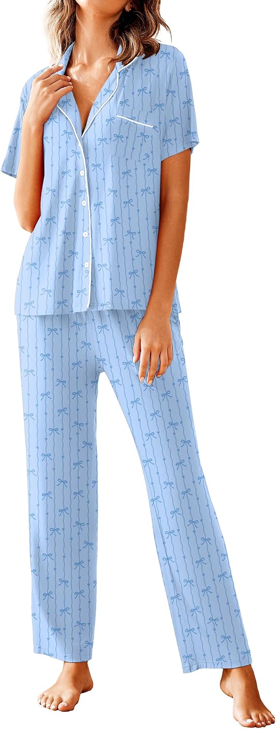 Avidlove Women Pajamas Set Notch Collar Soft Sleepwear Pjs Short Sleeve Button Down Nightwear with Long Pants