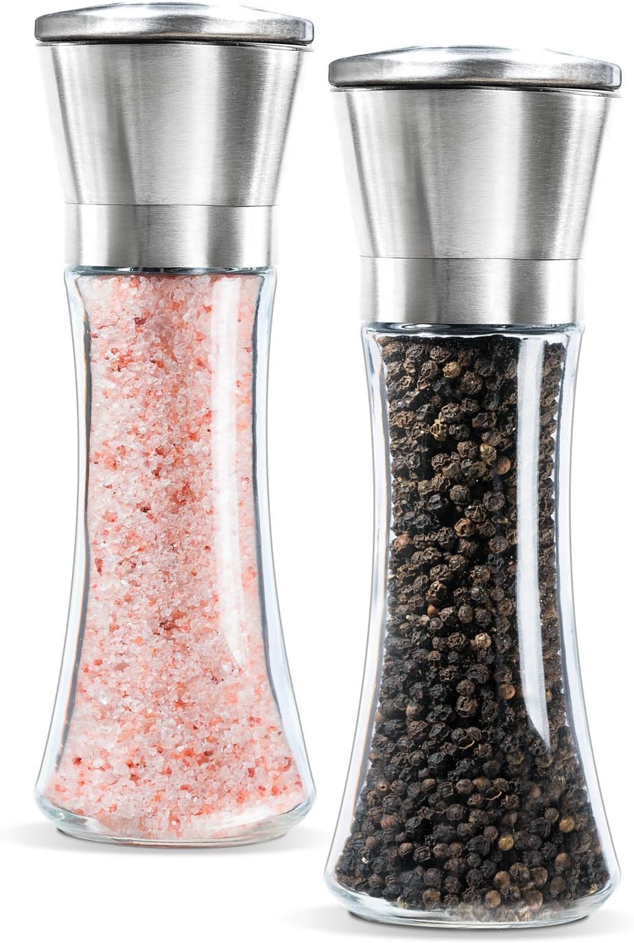 Levav Premium Salt and Pepper Grinder Set of 2- Brushed Stainless Steel Pepper Mill and Salt Mil, Glass Body