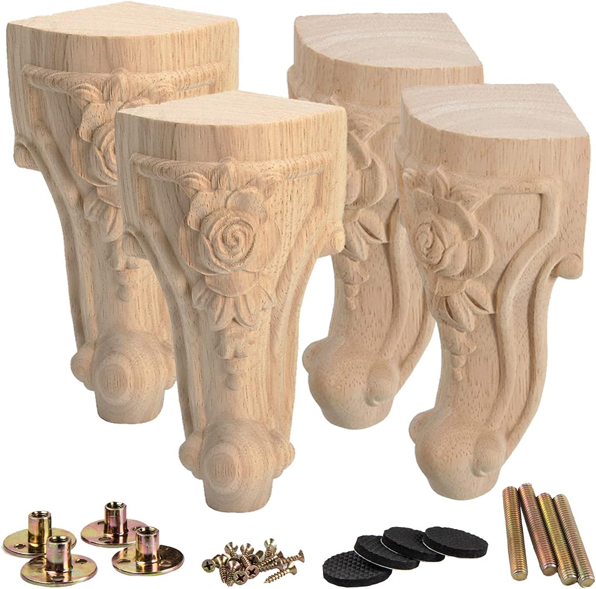 La Vane 6 inch / 15cm Wooden Furniture Legs, Set of 4 European Style Solid Wood Carving Furniture Replacement Feet Decoration for Sofa Cabinet Wardrobe Table Loveseat