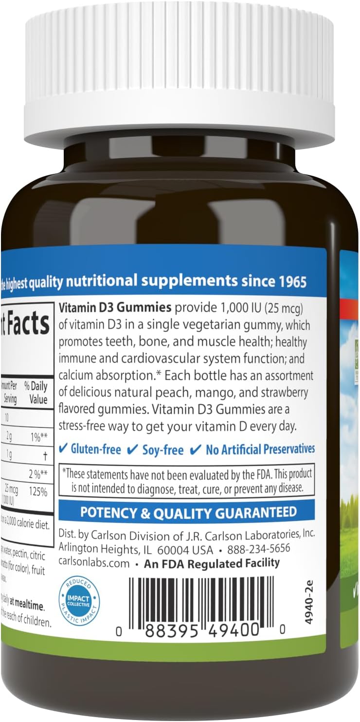 Carlson Vitamin D3 Gummies, 1000 IU (25 mcg), 60 Vegetarian Gummies | Mixed Fruit; Bone Health; Calcium Absorption; Non-GMO