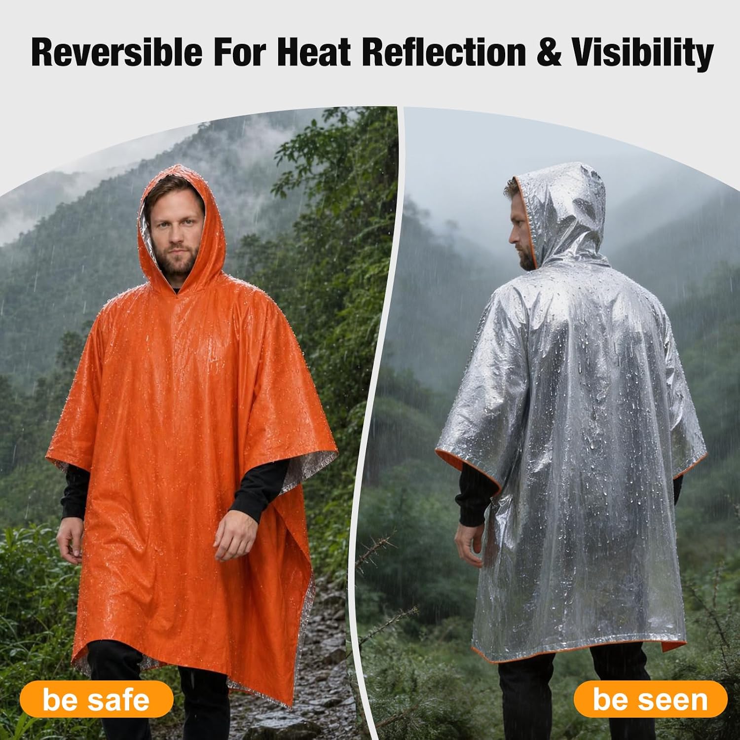 4 Pack Emergency Survival Mylar Poncho | 90% Heat Retention, Waterproof, Windproof, Tear-Resistant, Individually Packed for Hiking, Camping, Car Emergency Kit