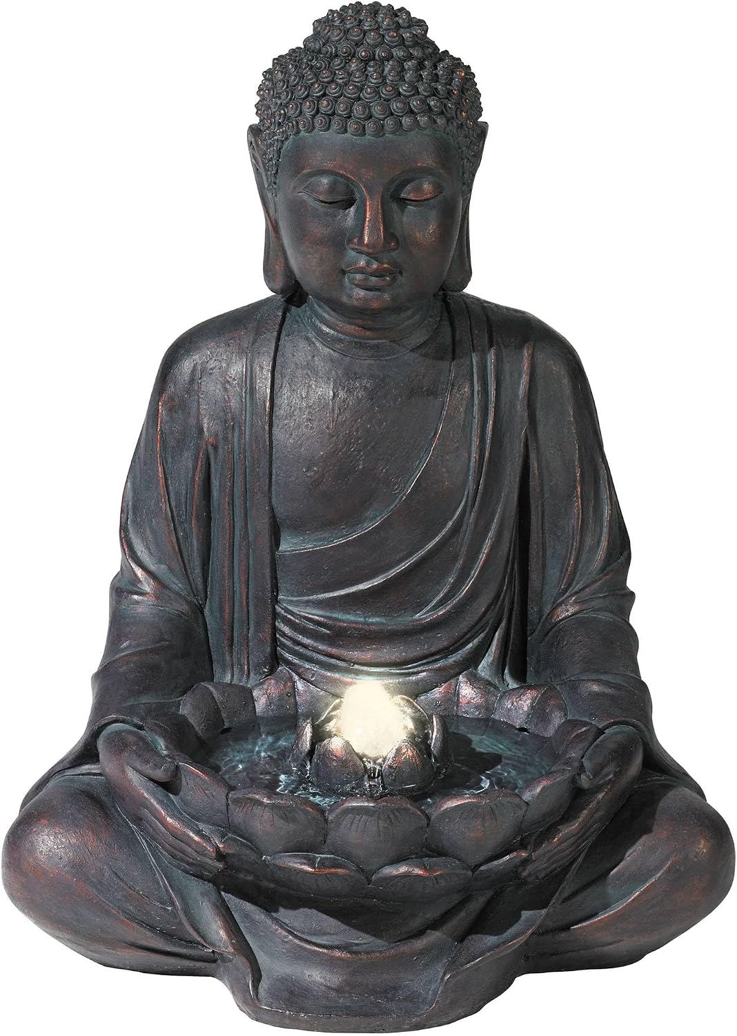 Meditating Buddha 24" High Outdoor Indoor Large Bubbler Fountain with Light | Zen Asian Decor Resin Floor LED Standing Water Feature for Outside Garden Patio Yard Backyard Porch Deck