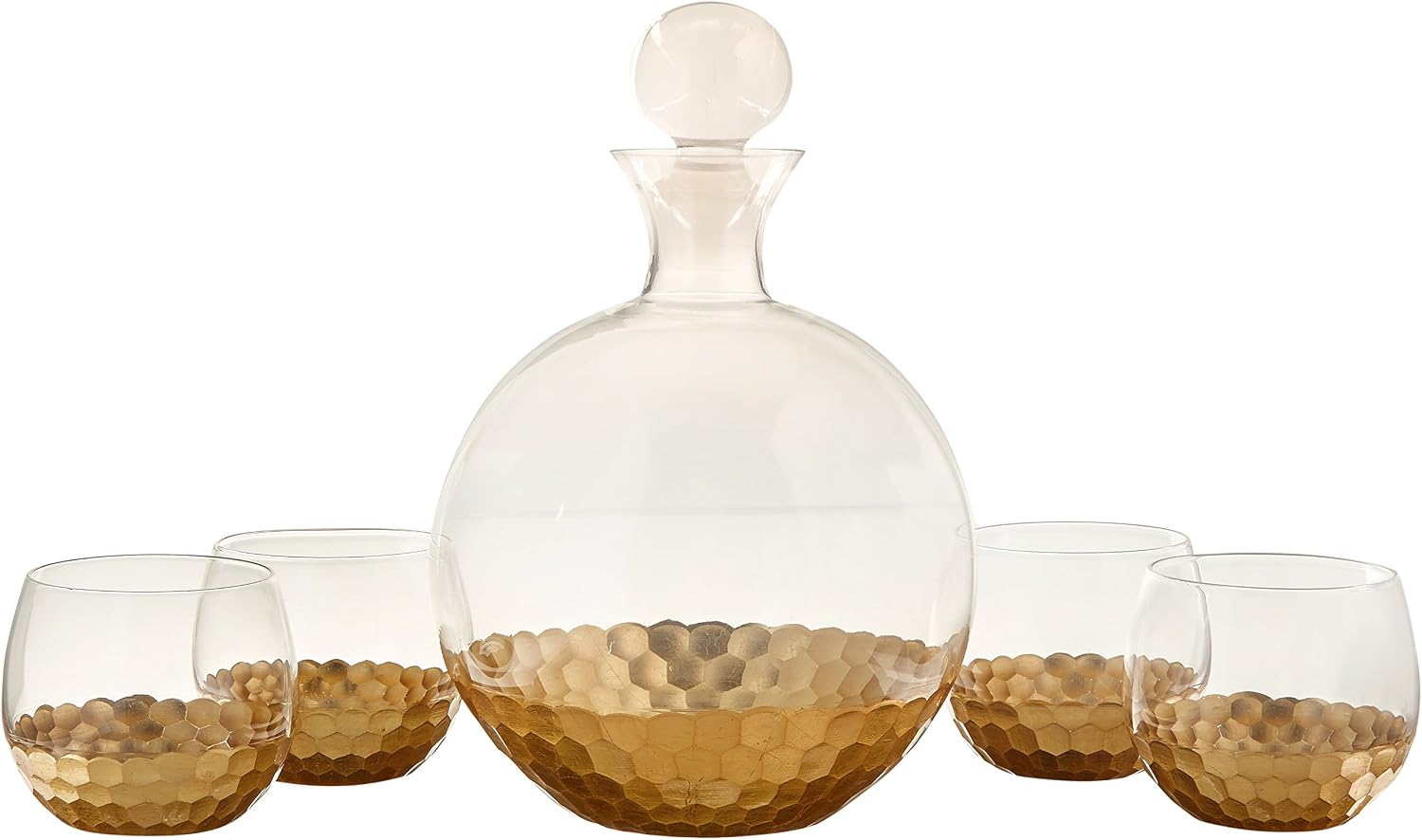 Fitz and Floyd Daphne Decorative Whiskey Decanter Set with Top Glass for Wine, Bourbon, Brandy, Liquor, 5 Piece, Gold