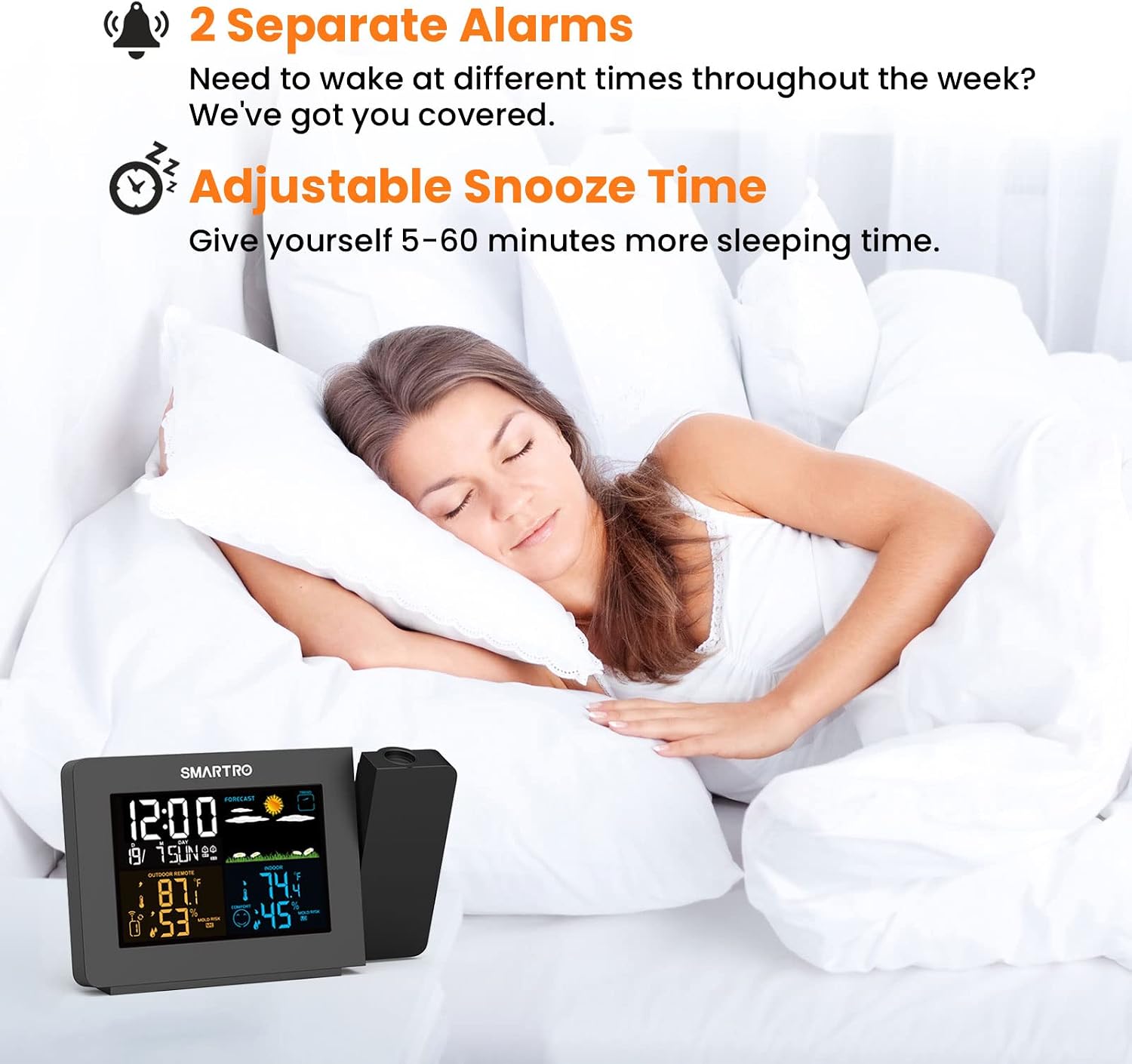 SC91 Projection Alarm Clock for Bedrooms with Weather Station | Wireless Indoor Outdoor Thermometer, Temperature Humidity Monitor Gauge Hygrometer