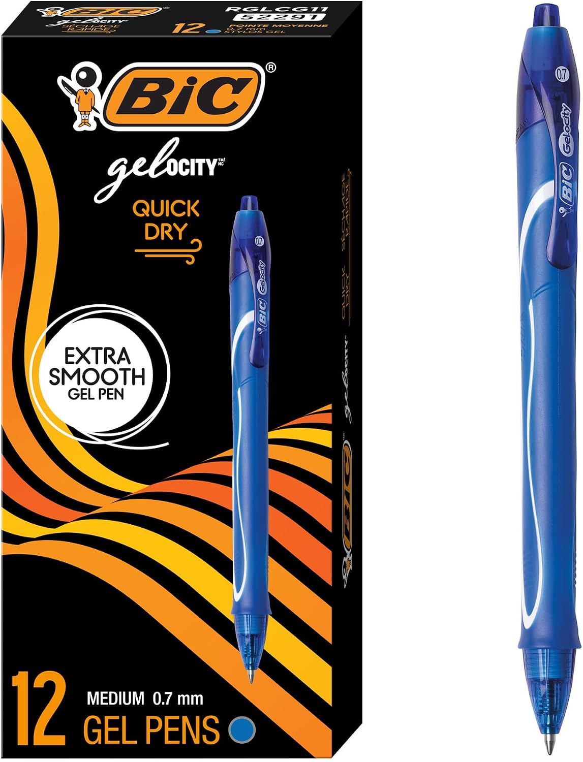 BIC Gelocity Quick Dry Black Gel Pens, Medium Point, 0.7 mm, 12-Count | Quick Dry Ink Resists Smearing | Full-Length Comfort Grip | Ideal for Students and Teachers | 12 Pens in Pack