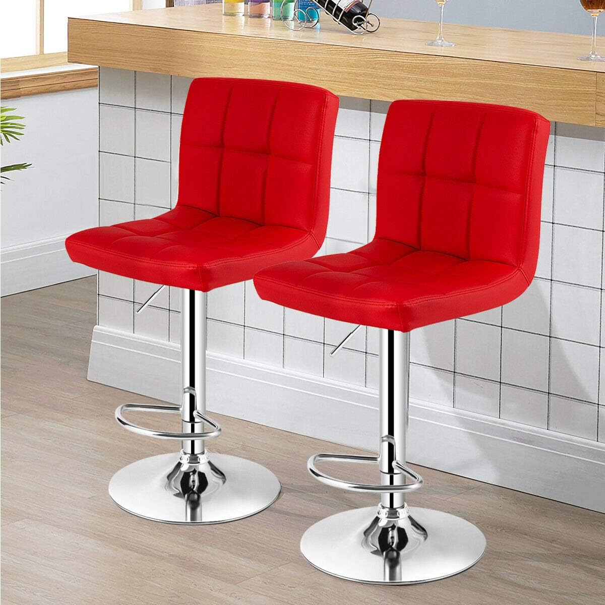 COSTWAY Bar Stool, Modern Swivel Adjustable Height PU Leather Barstools with Back, Square Armless Counter Height Bar Chair for Kitchen Island Dining Living Bistro Pub Counter, Black
