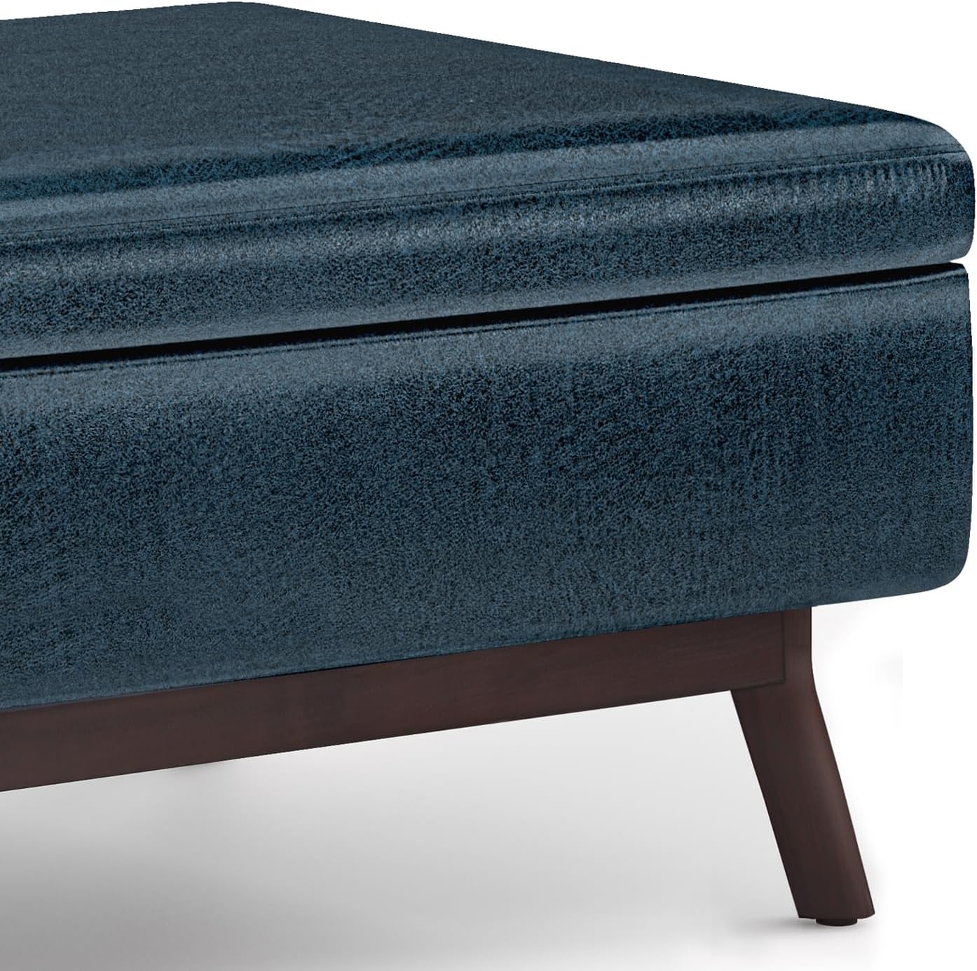SIMPLIHOME Owen 34" Wide Vegan Leather Lift Top Ottoman in Dark Blue
