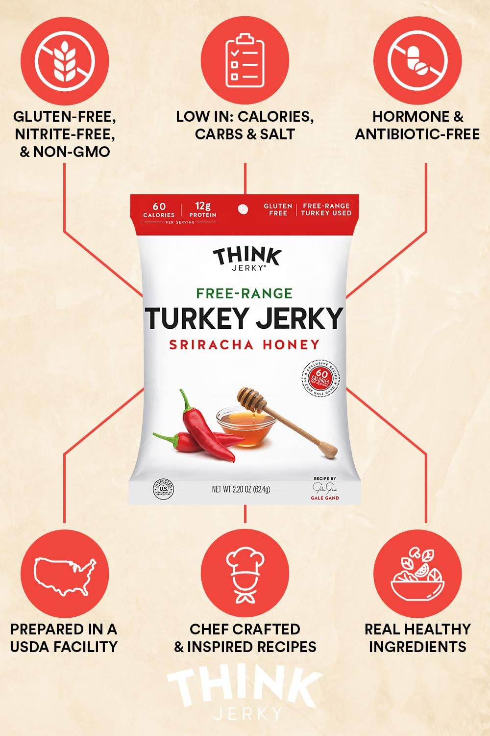 Think Jerky Sesame Teriyaki Beef Jerky, Grass-Fed High Protein Beef Jerky, Gluten Free, No Antibiotics or Nitrates, Healthy Chef Crafted Recipe, Low Calorie and Low Fat - 2.2 oz Bags, 4 Pack