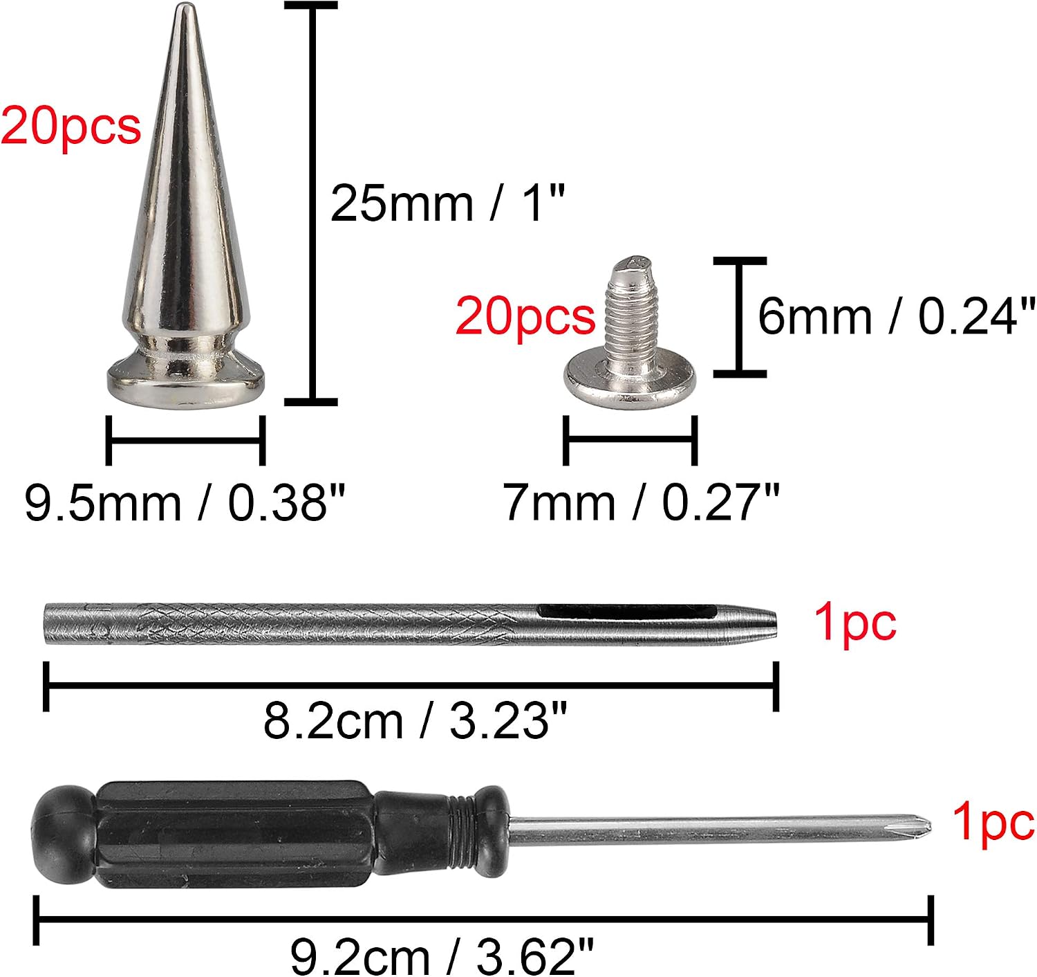 YORANYO 20 Sets 25MM Silver Color Metallic Spikes and Studs 1" Metal Bullet Cone Spikes Screw Back Large Punk Studs and Spikes for Clothing Shoes