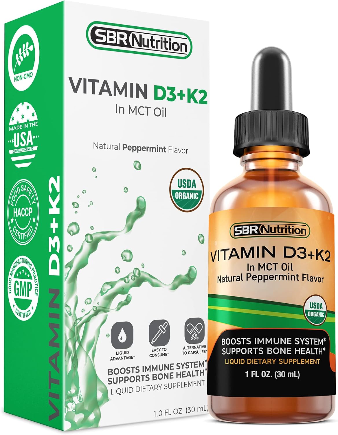SBR Nutrition MAX Absorption, Vitamin D3 + K2 (MK-7) Liquid Drops with MCT Oil, Peppermint Flavor, Helps Support Strong Bones and Healthy Heart