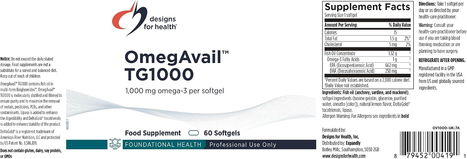 Designs for Health OmegAvail TG1000 - TG (Triglyceride) Fish Oil Supplement with EPA/DHA - Highly Concentrated 1000mg Omega-3 Per Softgel - Natural