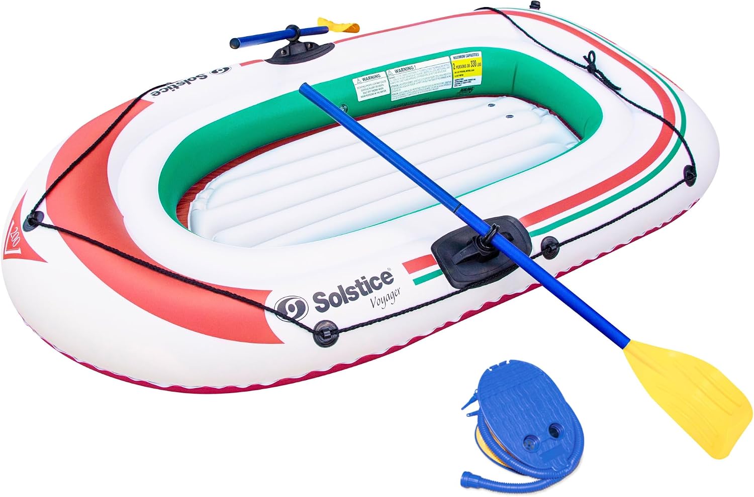 Solstice Voyager 4-Person Inflatable Fishing Boat with Dual Swivel Oar Locks and Rod -Holder, Motor Compatible 9' x 5'