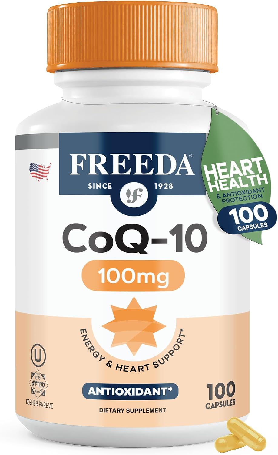 FREEDA CoQ10 100mg - Kosher Coenzyme Q10 Dietary Supplement for Cardiovascular Heart Health, Blood Pressure Support, Oral Gum Health