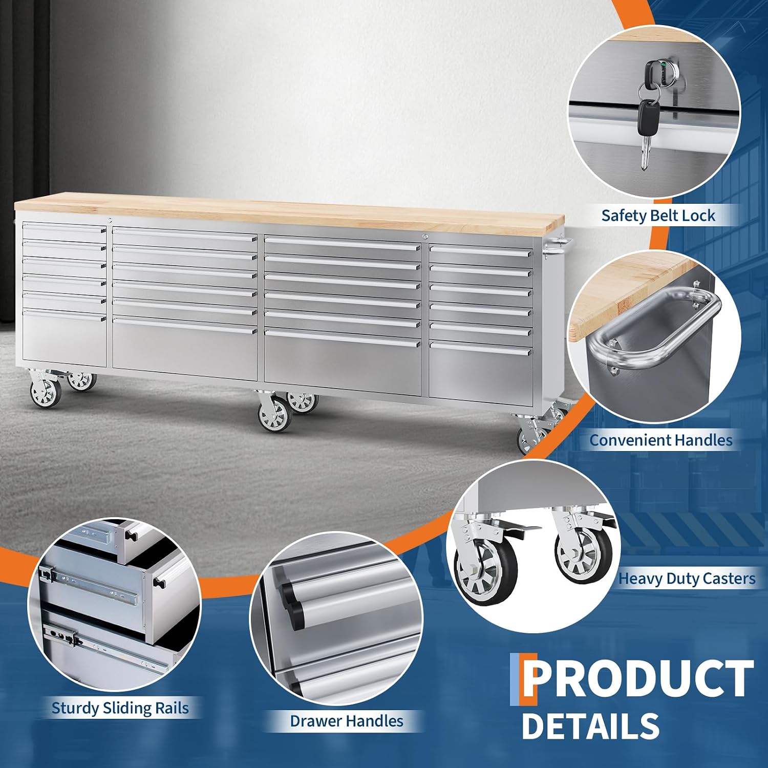 72" Heavy-Duty Rolling Tool Chest & Workbench with 15 Drawers, Steel Rubber Wood Top on Wheels, Key Locking System, Drawer Liners for Garage Warehouse Repair Shop, Black Storage Cabinet.
