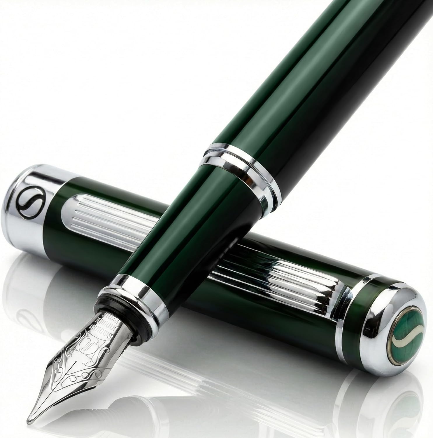 Scriveiner Silver Chrome Fountain Pen - Stunning Luxury Pen, Real Gold Finish Schmidt Gilded Nib (Medium), Best Pen Gift Set for Men & Women