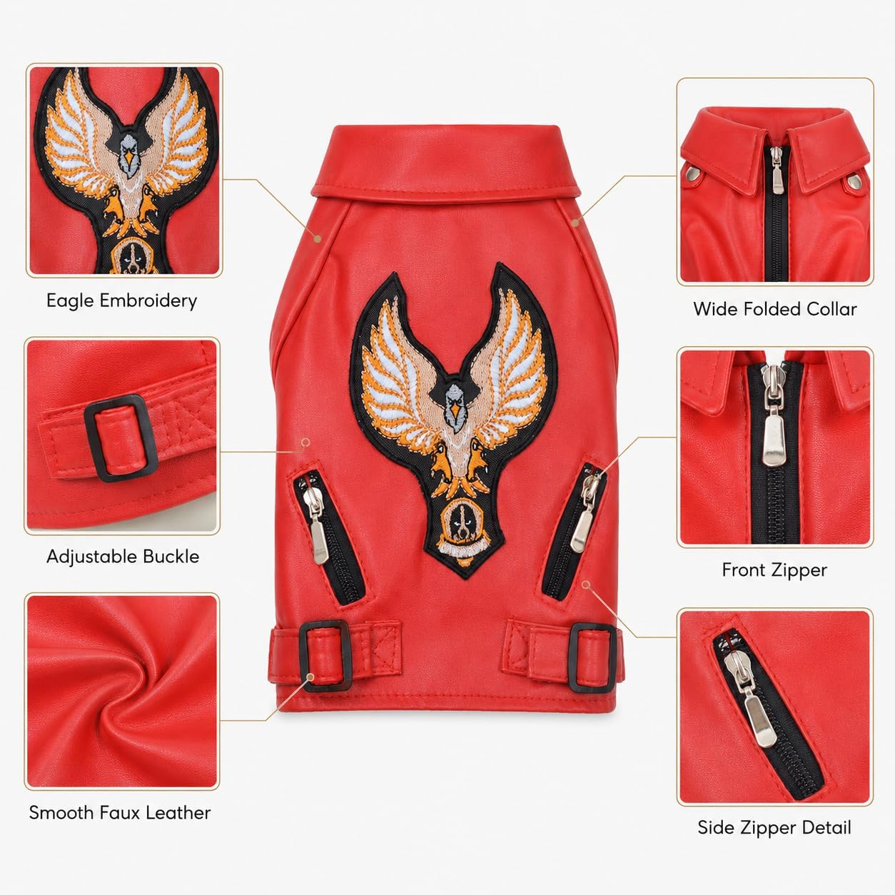 Lovelonglong Cool Dog Leather Jacket, Warm Coats Dogs Windproof Cold Weather Coats for Large Medium Small Dogs with Eagle Embroidery Black XS