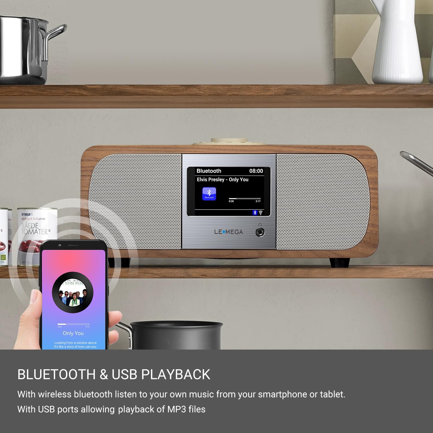 LEMEGA M3+ Internet Radio, Podcasts,Spotify, Bluetooth, FM Stereo, Walnut | Full colour display, 40 presets, remote control, acoustic wooden cabinet, headphone jack, USB, AUX-in, dual alarms clock