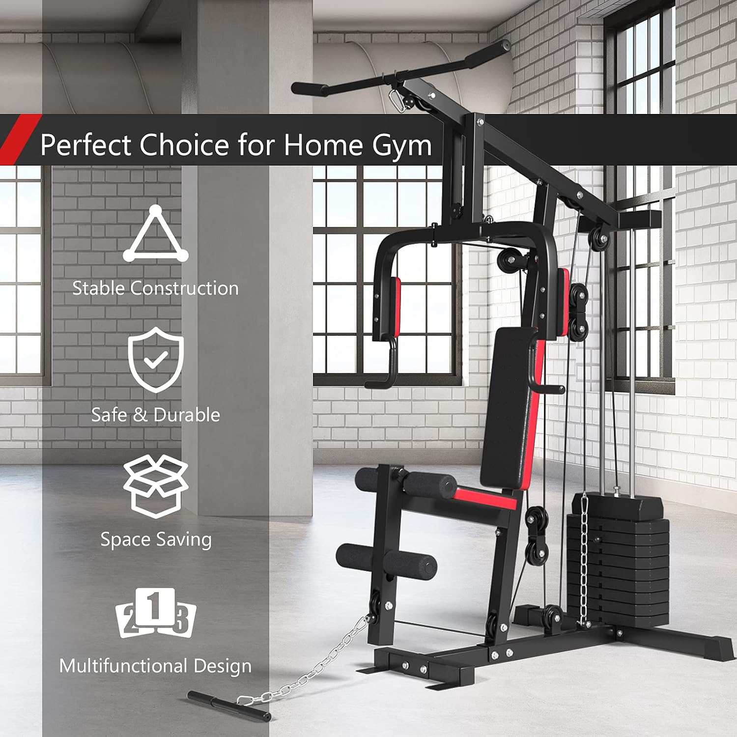 GYMAX Home Gym, Multifunctional Workout Equipment with Leg Extension, Pulley System & 100lbs Weight Stack, Full Body Strength Training Machine