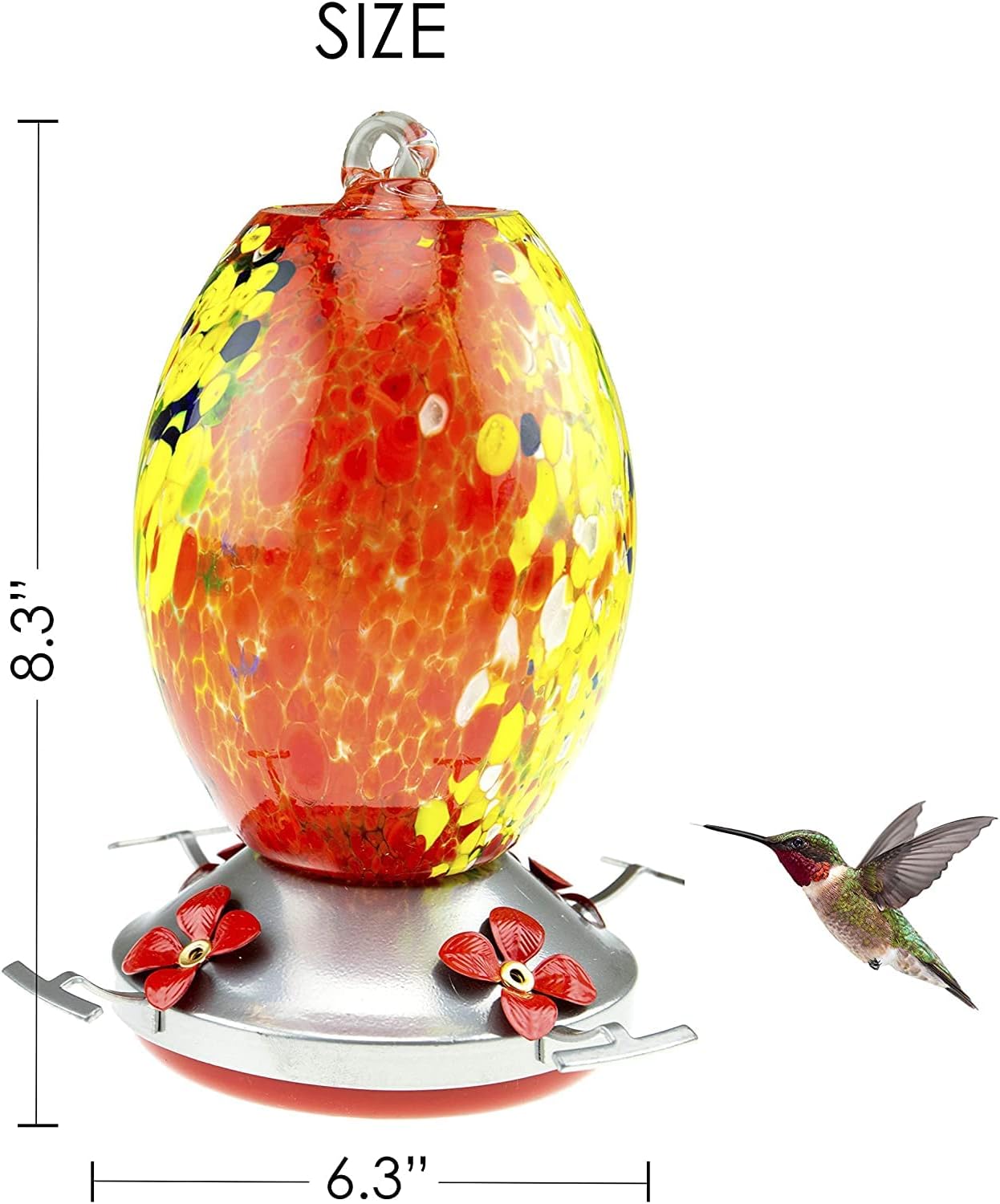 CLEVER GARDEN Hummingbird Feeder with Perch | Hand Blown Flat Glass in Red | 27 Fluid Ounces Humming Bird Nectar Capacity with Hanging Metal Wires