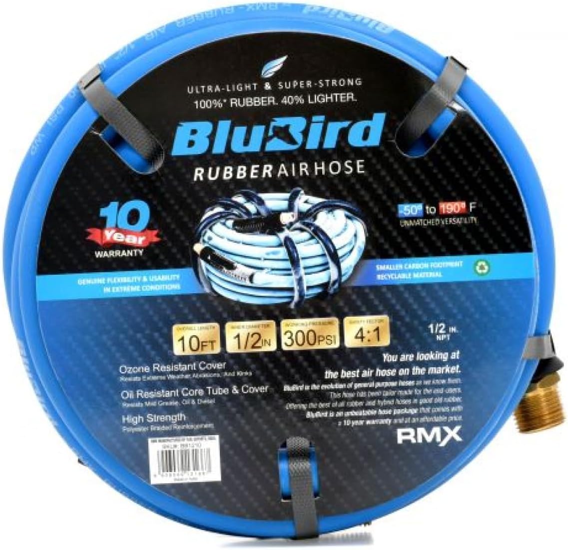 BLUBIRD BB1250 1/2" x 50' Rubber Air Hose, 100% Rubber, Lightest, Strongest, Most Flexible, 300 PSI, 50F to 190F Degrees, Ozone Resistant, High Strength Polyester Braided