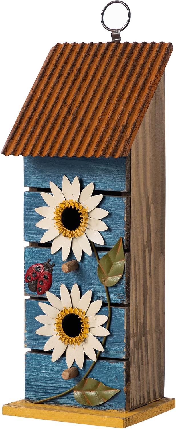 Glitzhome Bird Houses for Outside,10" H Rustic Wooden Bird House Garden Distressed Decorative Birdhouse for Outdoors, Hanging Birdhouse for Bluebird Hummingbird Wren Finch Cardinals Cedar