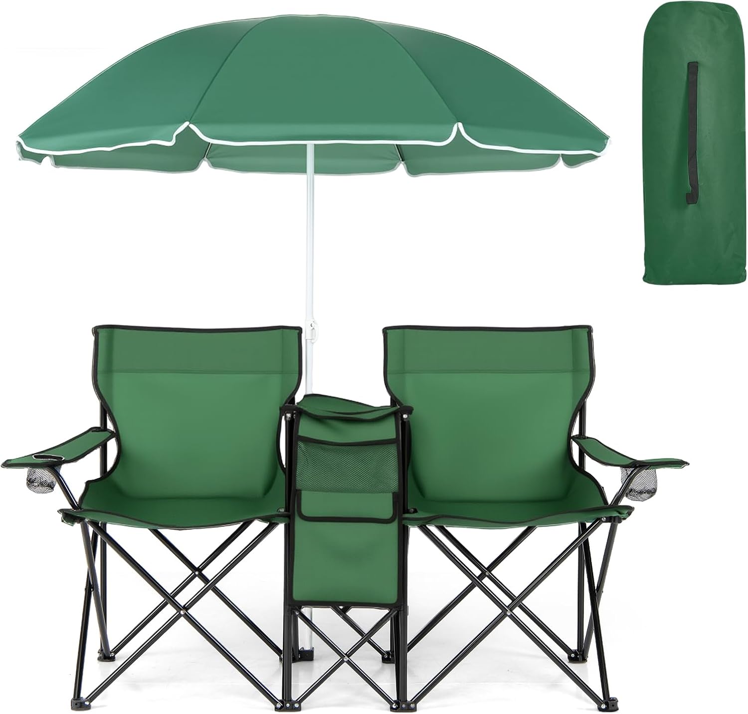 COSTWAY Double Portable Picnic Chairs, Folding Camping Chairs w/Detachable Umbrella, Cooler Bag, Cup Holders, Patio Beach Camping Chairs for Outdoors, Blue | Detachable Umbrella, Cooler Bag, Cup Holders, Patio Beach Camping Chairs for Outdoors, Blue