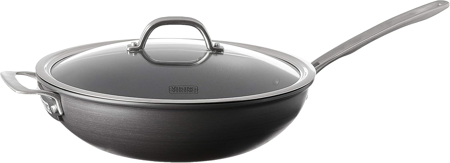 Viking Non Stick Chef Pan, 12 Inch Hard Anodized Nonstick Saute and Frying Pan with Glass Lid, Dishwasher and Oven Safe, Induction Ready, Matte Black