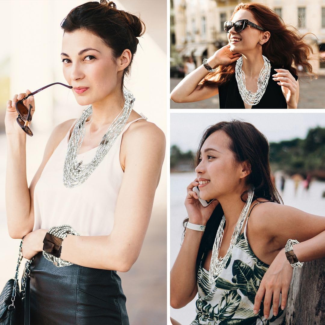 Shop LC Seed Bead Necklace Bracelet Set Boho Jewelry for Women | Multi Layered Boho, Wooden Clasp, 18 Inch Necklace, Stretchable Bracelet