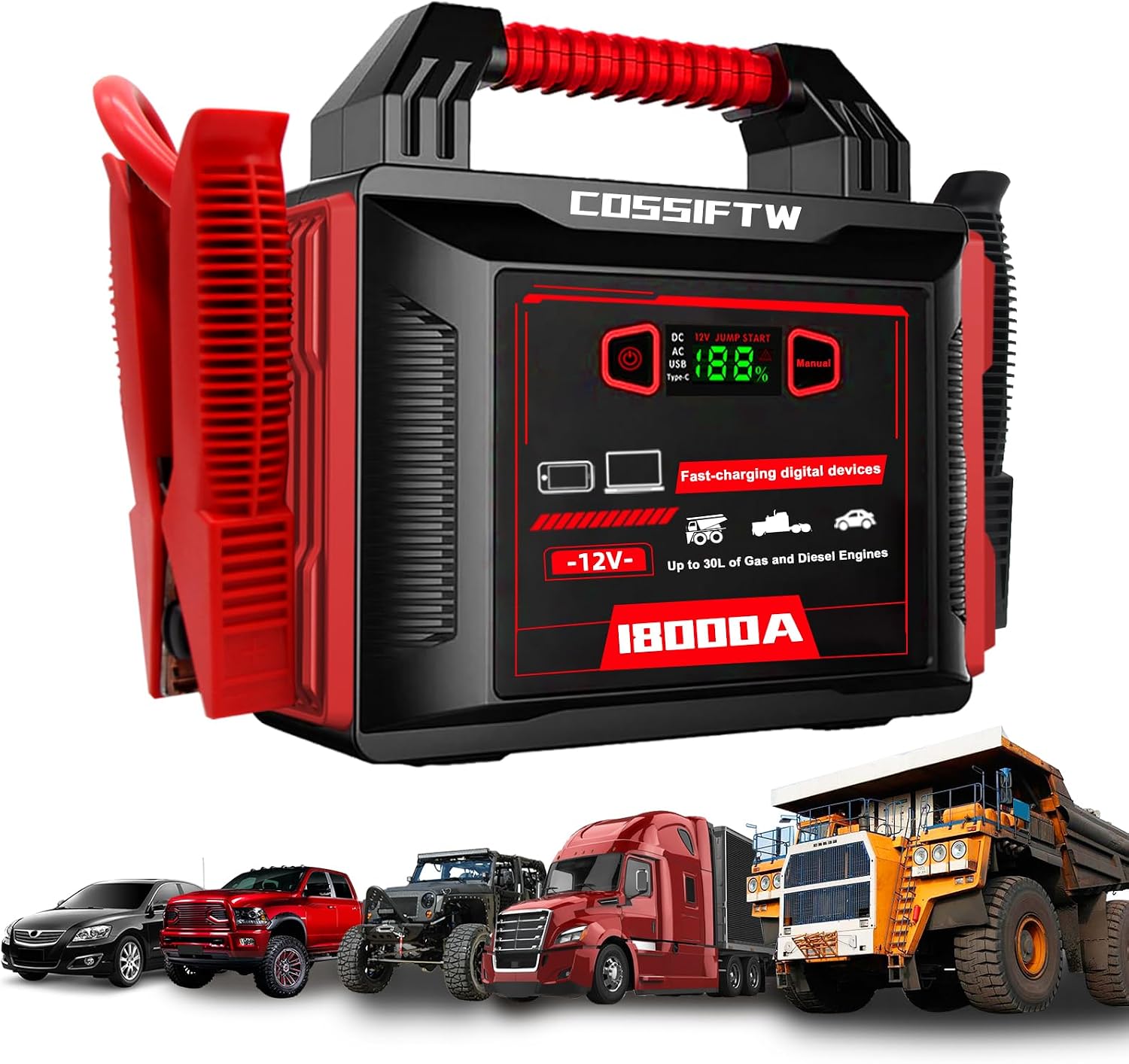 Heavy Duty Trucks 18000A 12V Car Jump Starter Portable Power Bank with PD 60W Two-Way Fast-Charging, Battery Booster Pack for Truck, Diesel, RV, SUV