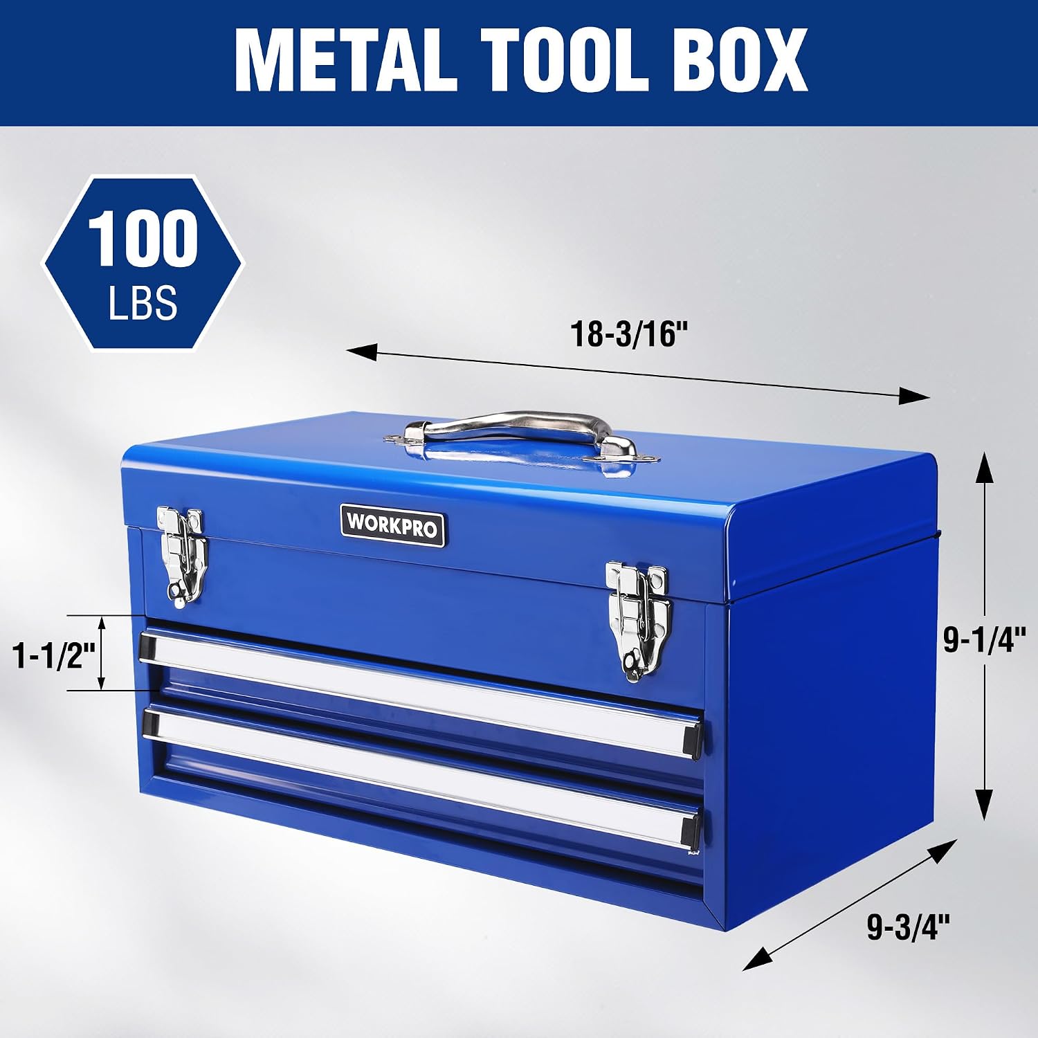 WORKPRO 15 Inch Metal Tool Box with 2 Drawers & 1 Top Storage, Heavy Duty Portable Tool Box with Handle for Garage, Office and Home, Up To 85 LBS Load Capacity