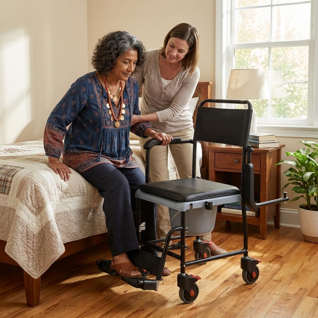NOVA Medical Products Drop Arm (for Easy User Transfer) Transport Chair Commode, Rolling with Locking Wheels & Removable Padded Seat