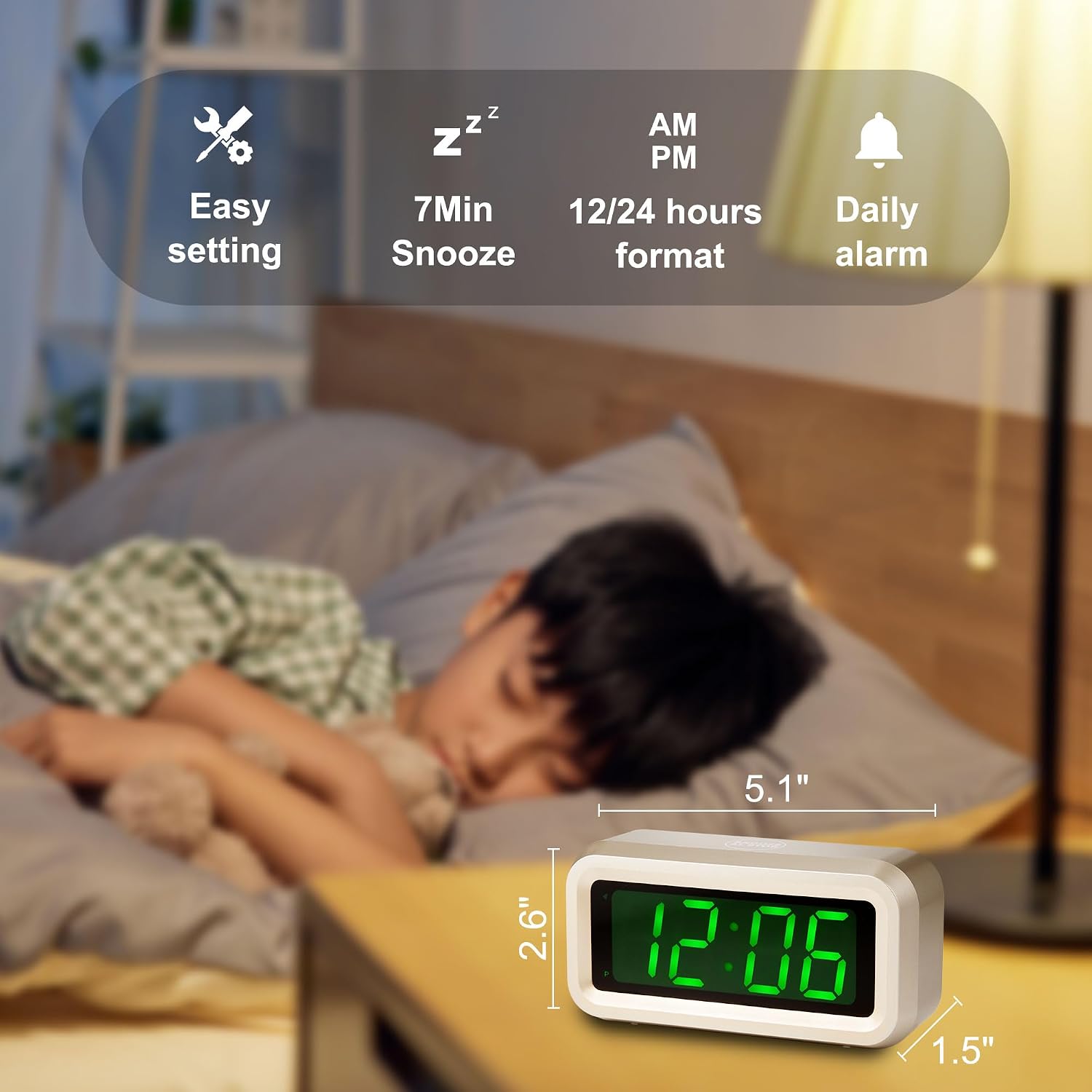 Digital Alarm Clock Battery Operated with LED Display for Bedrooms, Long Battery Life for 12 Months, 3 Brightness Adjustable, 12/24 Hour, Snooze, Black Case with Red Digits