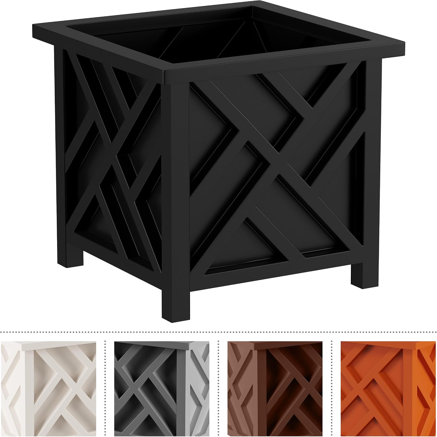 Lattice Design Outdoor Planter Box - 14.75” Square 13” Tall Black Plant Pot - Decorative Plant Pots for Front Porch Decor - Flower Pots Outdoor