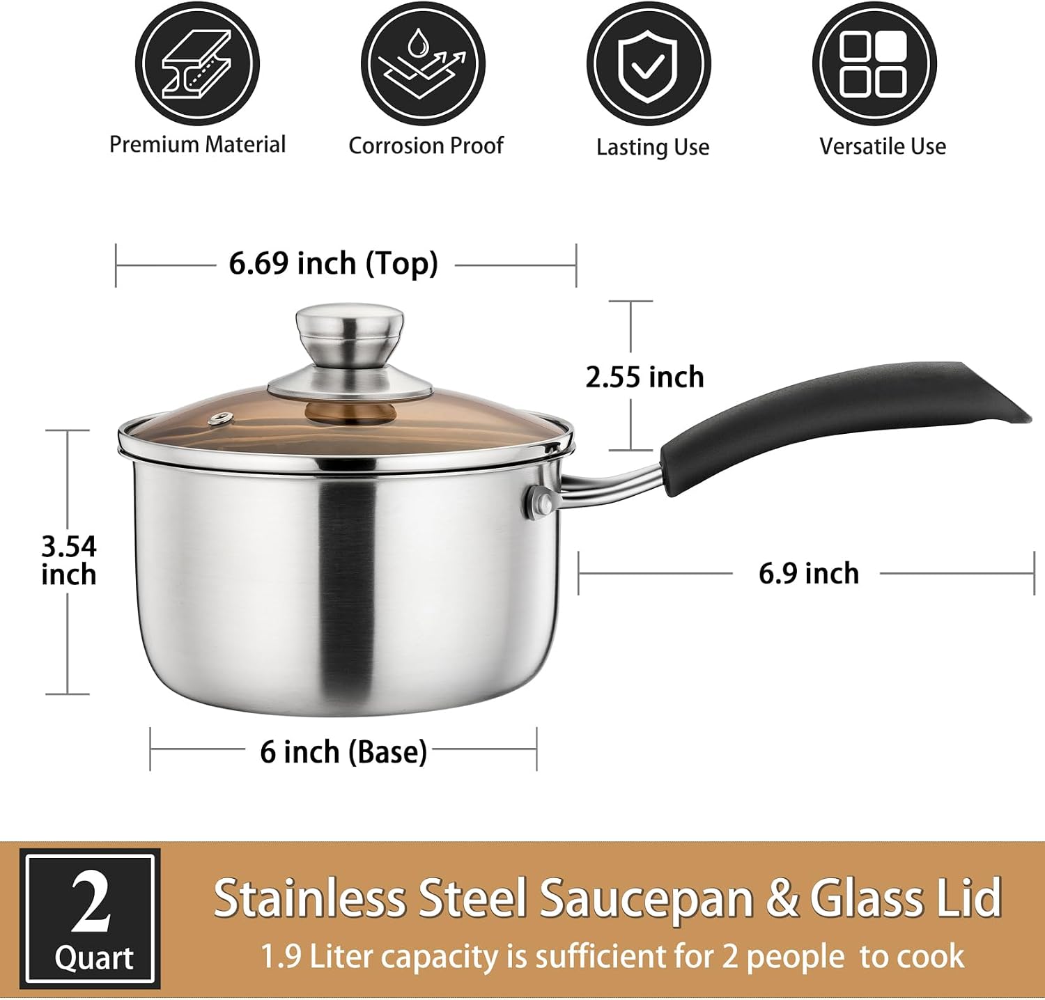 P&P CHEF 1 Quart Sauce Pan With Lid, Small Pot Saucepan, 1 Pc