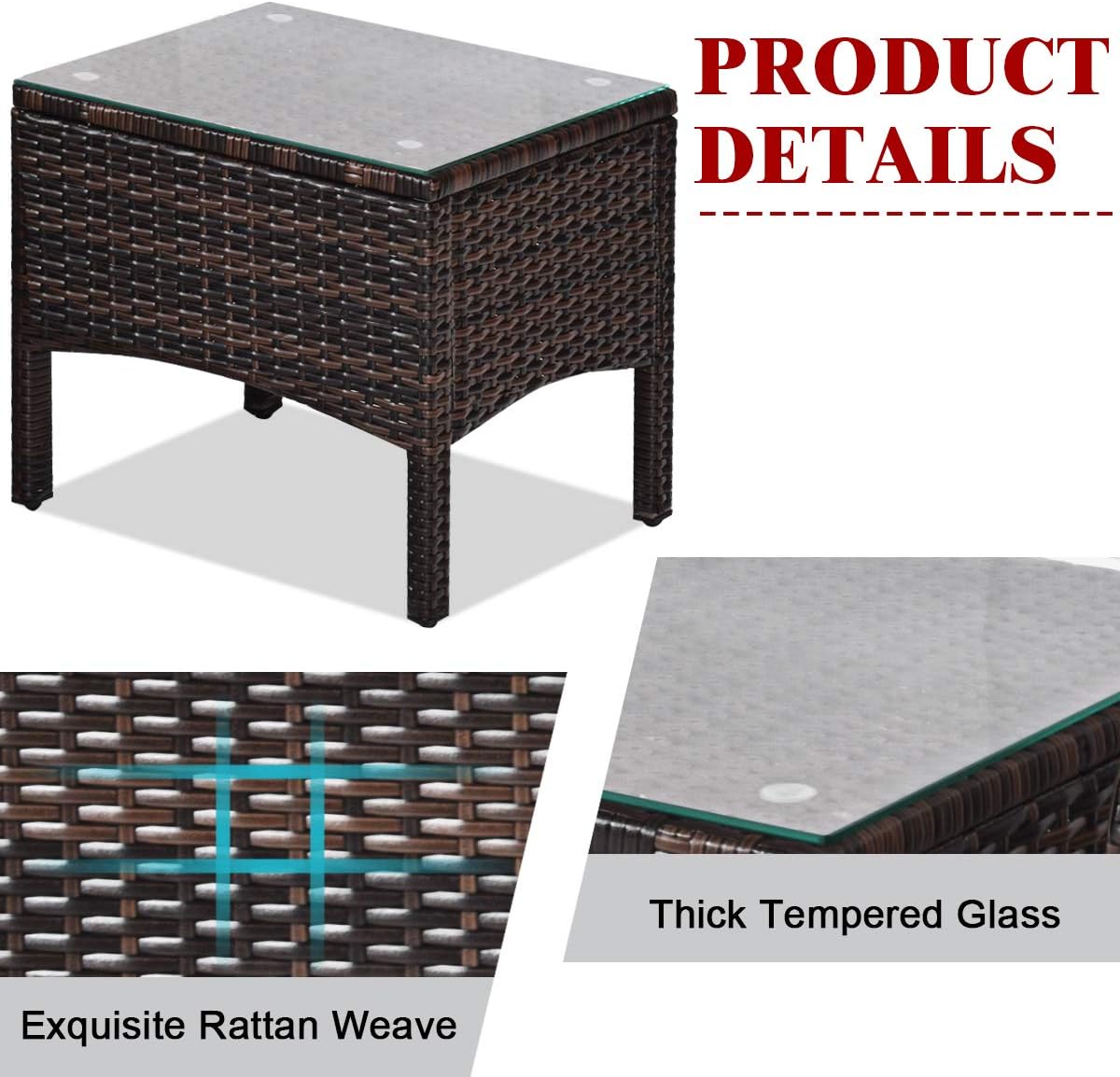 Tangkula 3 Piece Outdoor Patio Furniture Set, Wicker Chairs Set with Glass Top Coffee Table, Thick Cushions