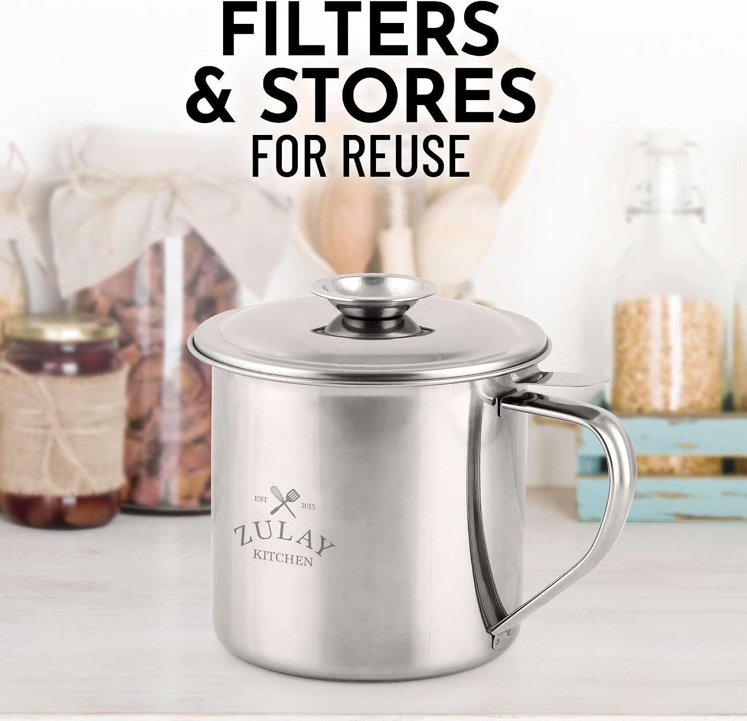 Zulay Bacon Grease Container With Strainer, Lid & Handle -Large, 1L Stainless Steel - Perfect For Kitchen, Storing Ghee, Fats & Frying/Cooking Oils