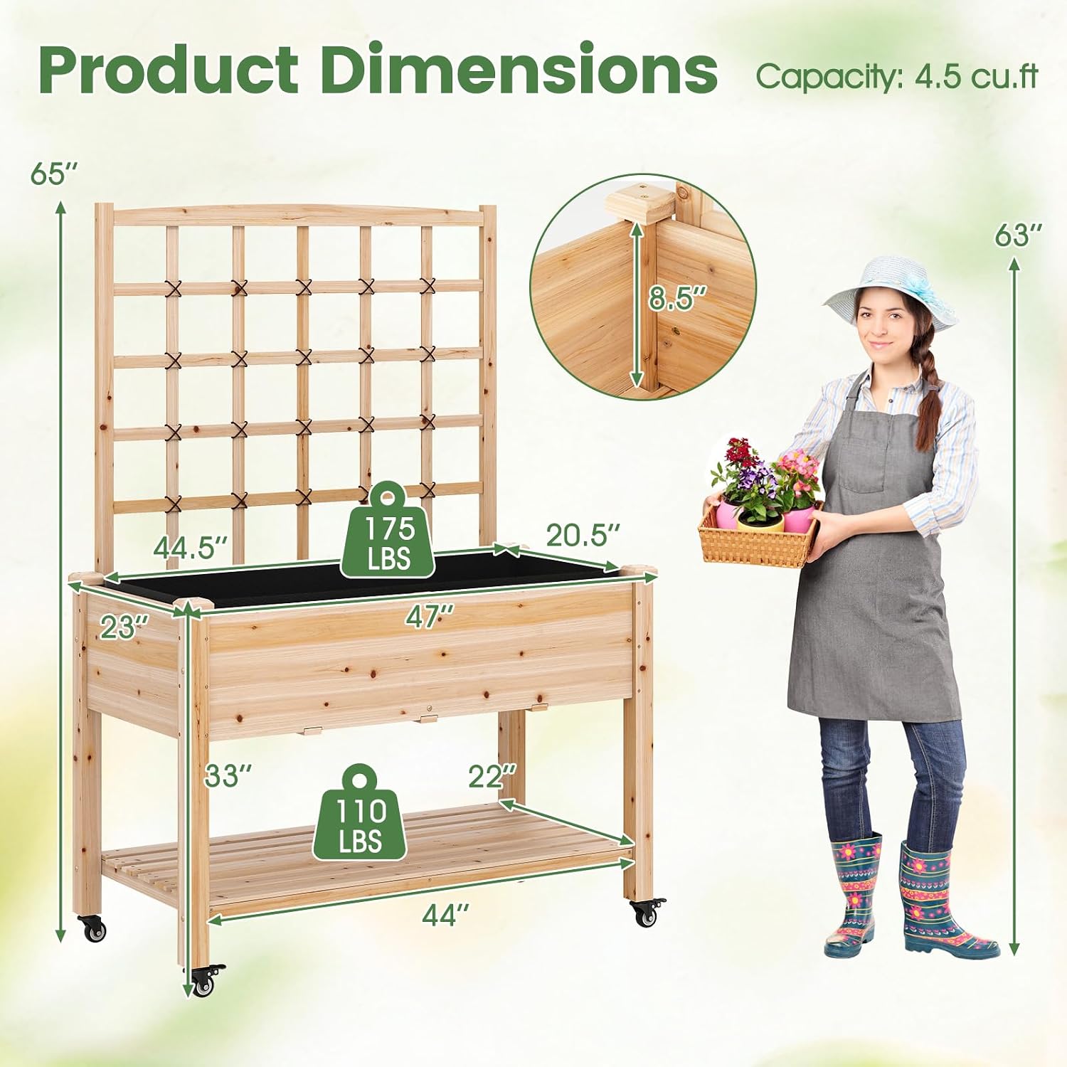 GIANTEX Raised Garden Bed on Wheels, Wood Planter Box with Legs, Liner, Drain Holes, Elevated Garden Bed for Vegetables