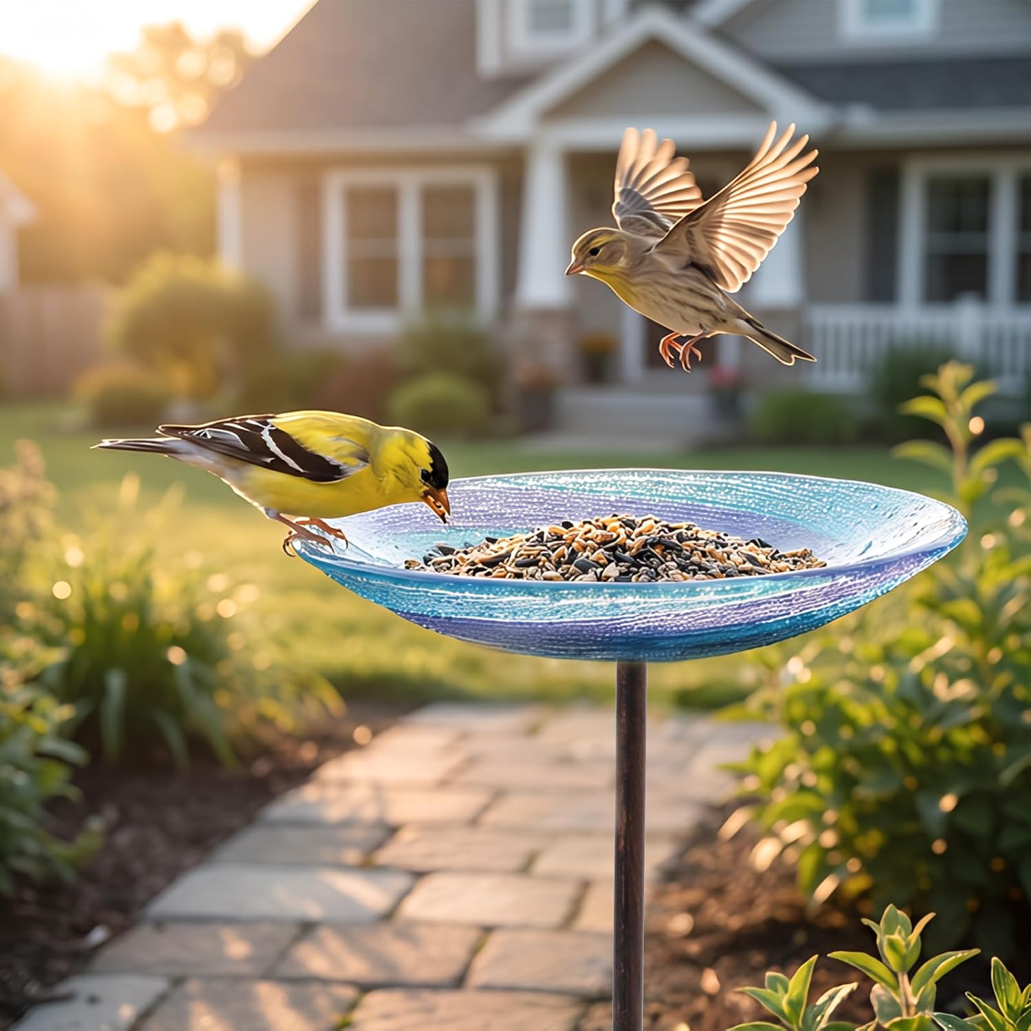 VCUTEKA Glass Bird Bath Outdoor BirdBath Garden Birdfeeder with Metal Stake