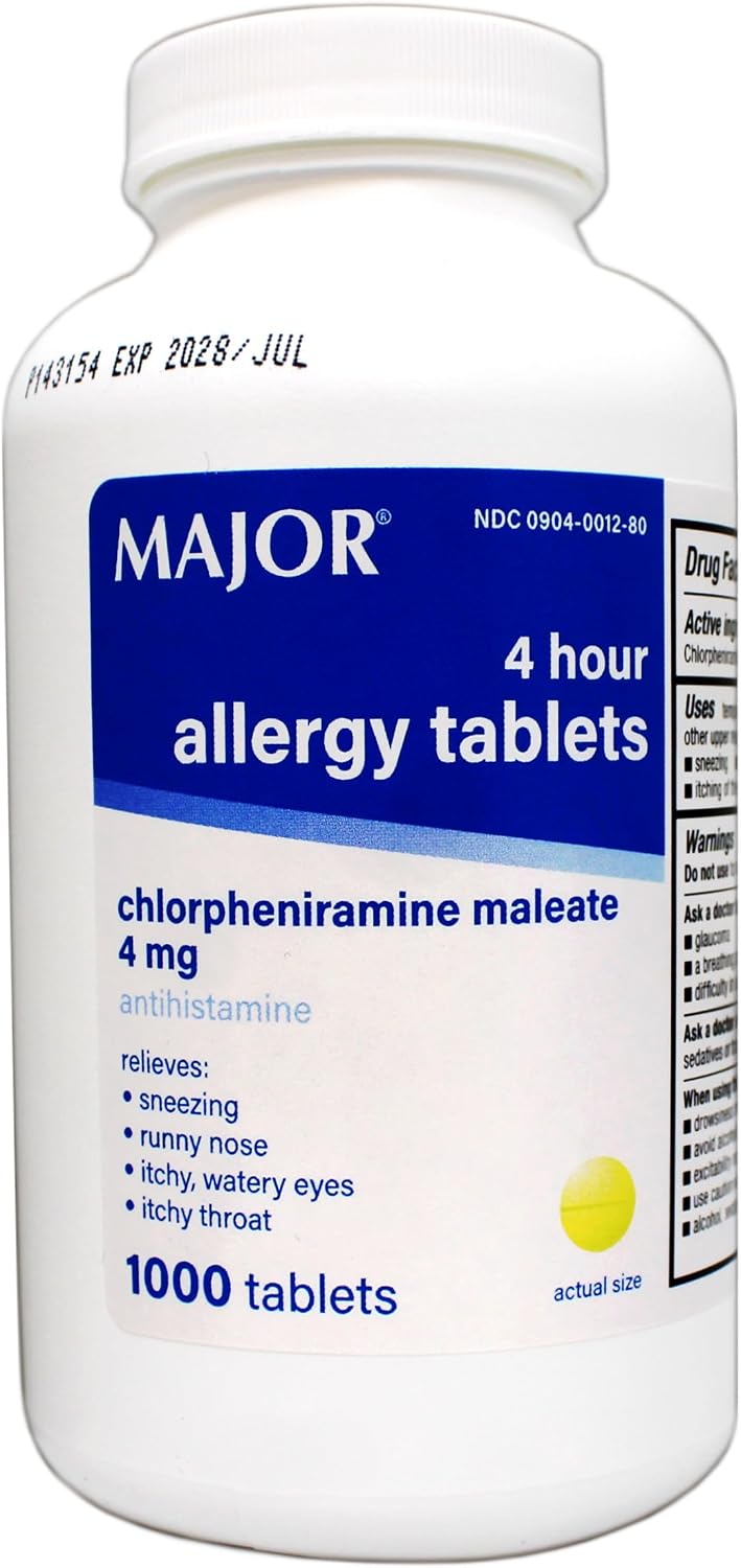 Major Allergy Tablets, Chlorpheniramine Maleate 4 mg, Antihistamine 4 Hour, 1000 Tablets