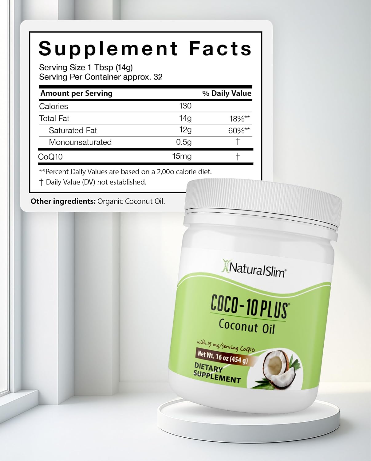 NaturalSlim Coconut Oil with CoQ10, MCT Oil, Fresh Flavor | MCT Oil Organic Coconut Oil for Baking, Mixing with Shake, Smoothies, Coffee