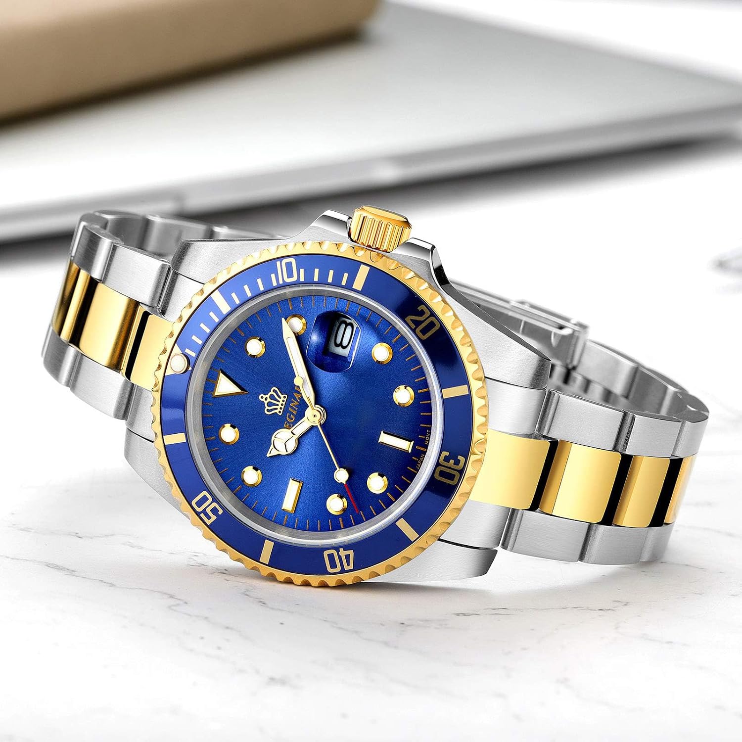 FANMIS Men's Two-Tone Stainless Steel Quartz Watch, Rotating Bezel and Date | Green Dial, Luminous Hands and Markers, Magnified Date Window, Fold-Over Safety Clasp, 30M Water Resistant for Everyday Wear.