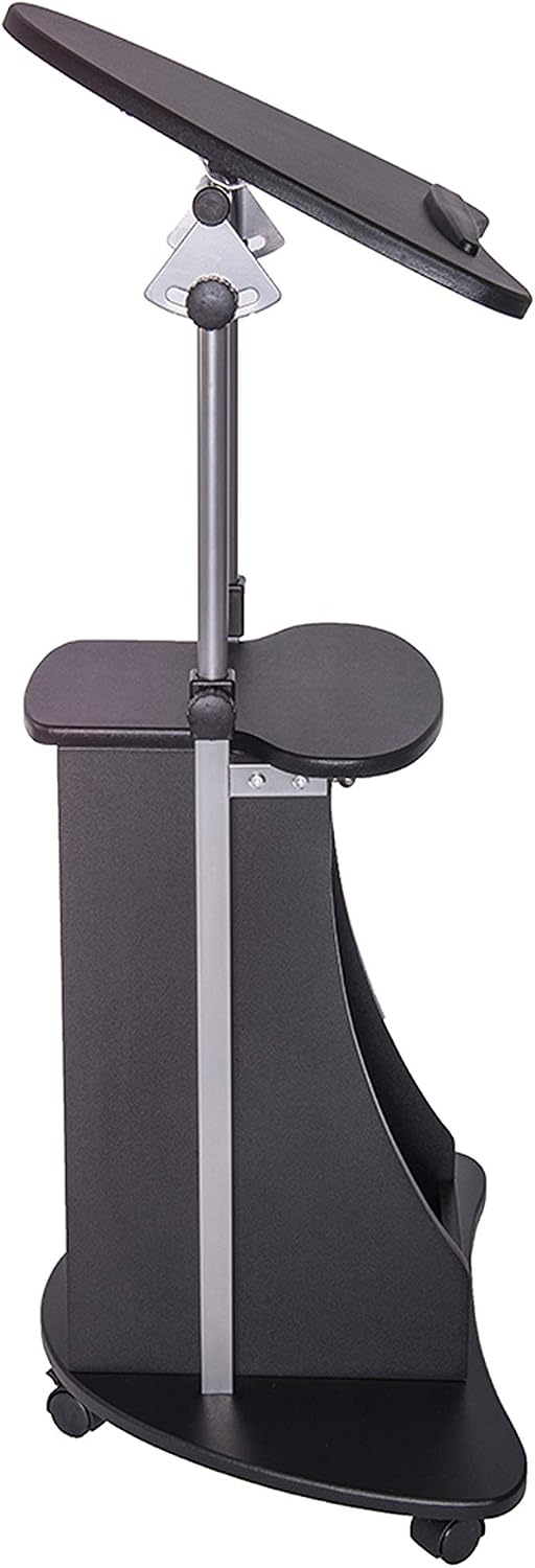 Techni Mobili Adjustable Height Rolling Laptop Cart with Storage, Graphite | Adjustable height rolling laptop cart with storage drawer, open shelf, wheels, sit‑stand design for office or medical use