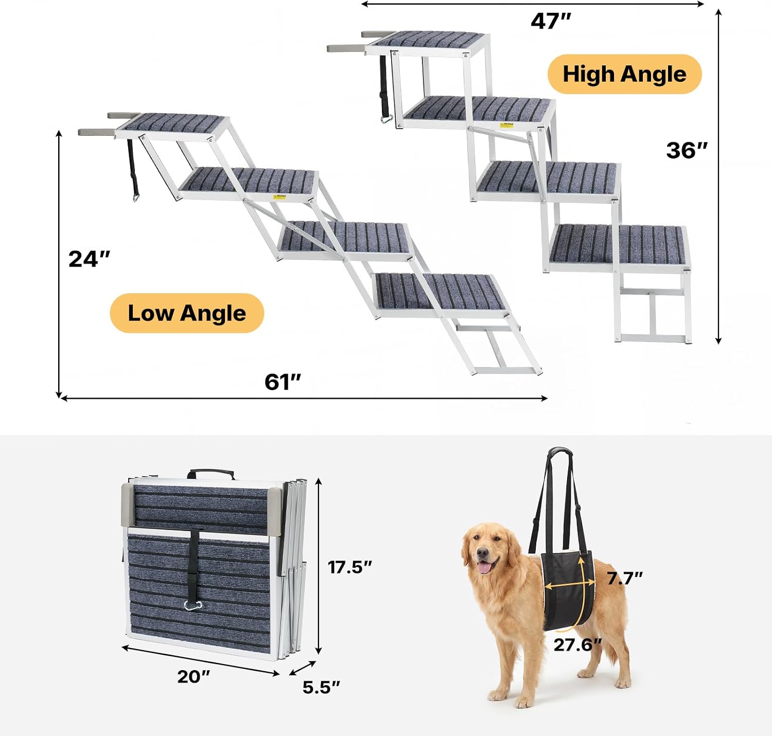 Veehoo Folding Dog Steps Large for Car Truck SUV, Dogs Car Stairs 20" Wide | 4 Steps Foldable Pet Step Aluminum Dog Stairs for Injured Senior Dogs Heavy Duty Pet Ramp Ladder Non Slip, up to 170lbs
