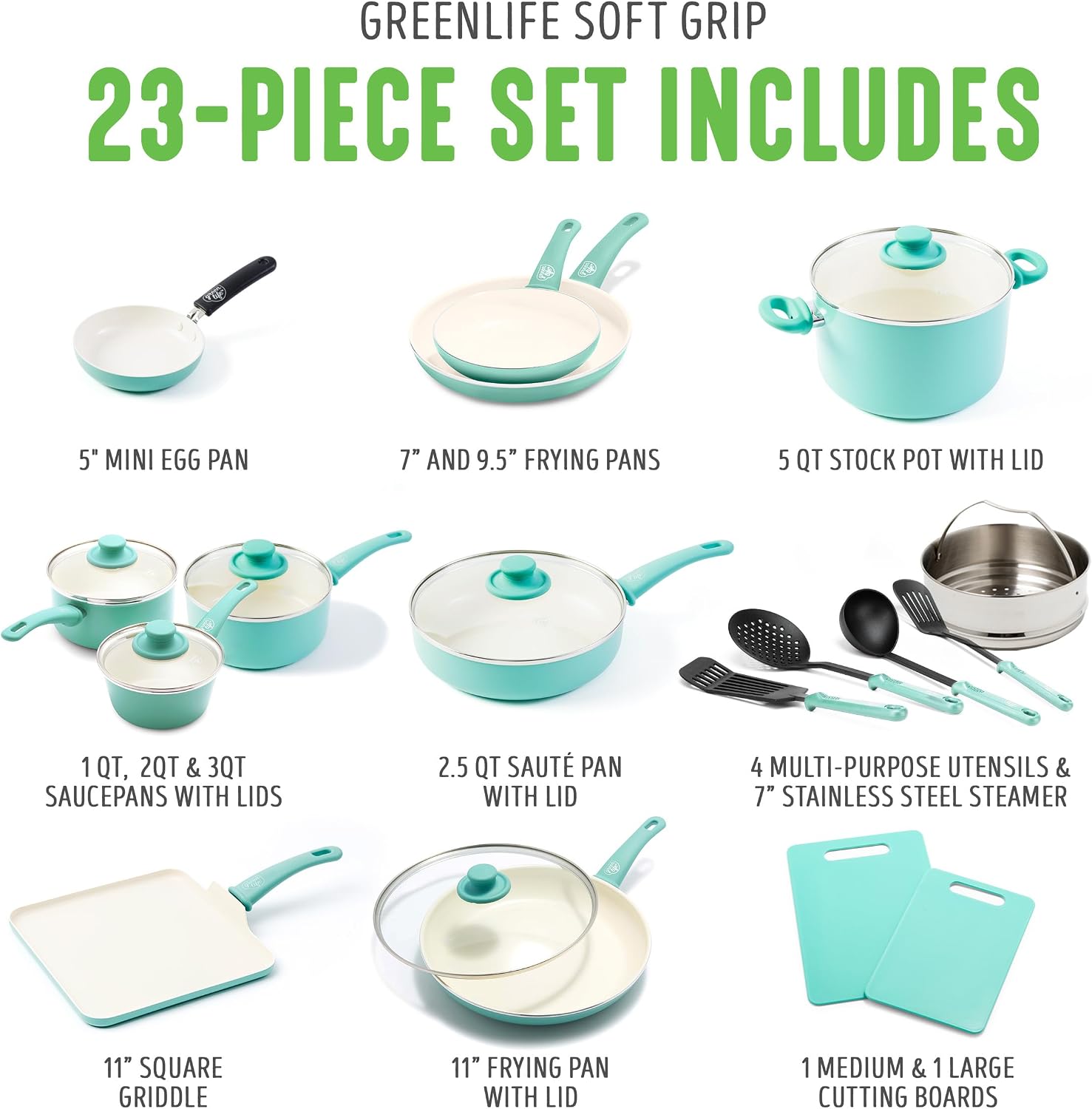 GreenLife Soft Grip Healthy Ceramic Nonstick, 15 Piece Cookware Pots and Pans Set, Induction, PFAS-Free, Dishwasher Safe, Turquoise