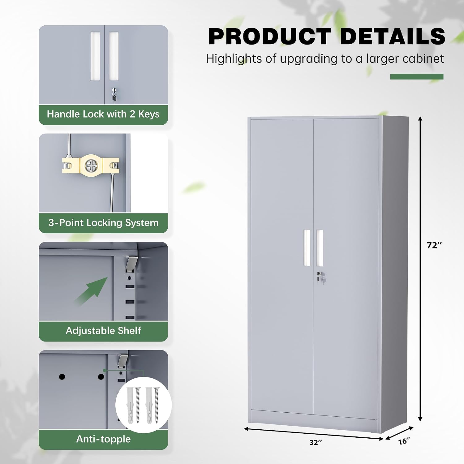 Greenvelly Steel SnapIt Storage Cabinet, 72" Locking Metal Garage Storage Cabinet with 4 Adjustable Shelves, 2 Doors and Lock for File, Office, Garage