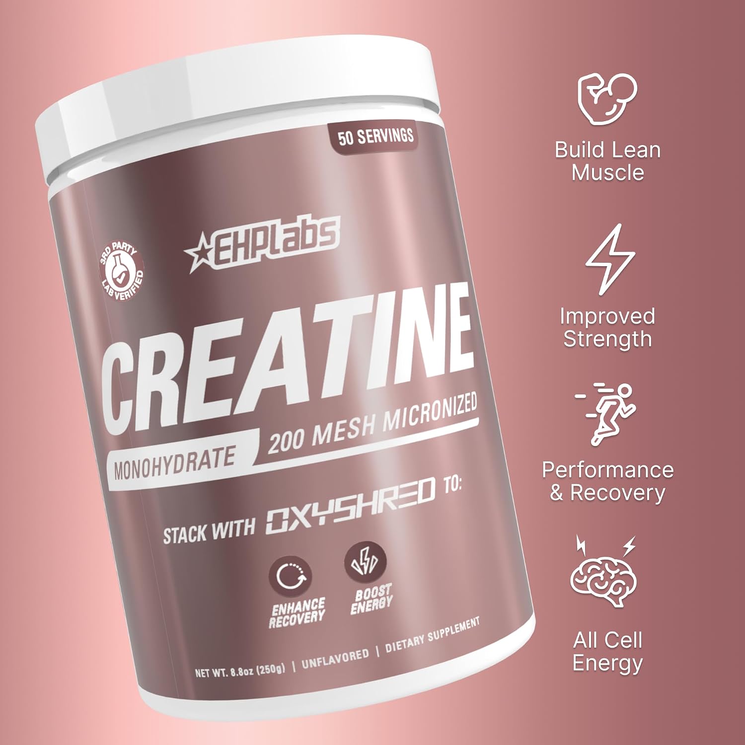 EHP Labs CREA-8 Creatine Monohydrate Powder, Unflavored, 100 Servings | Micronized Creatine For Muscle Growth, Strength & Energy. Mixes Easily, No Clumping. Pre Or Post Workout. 500g