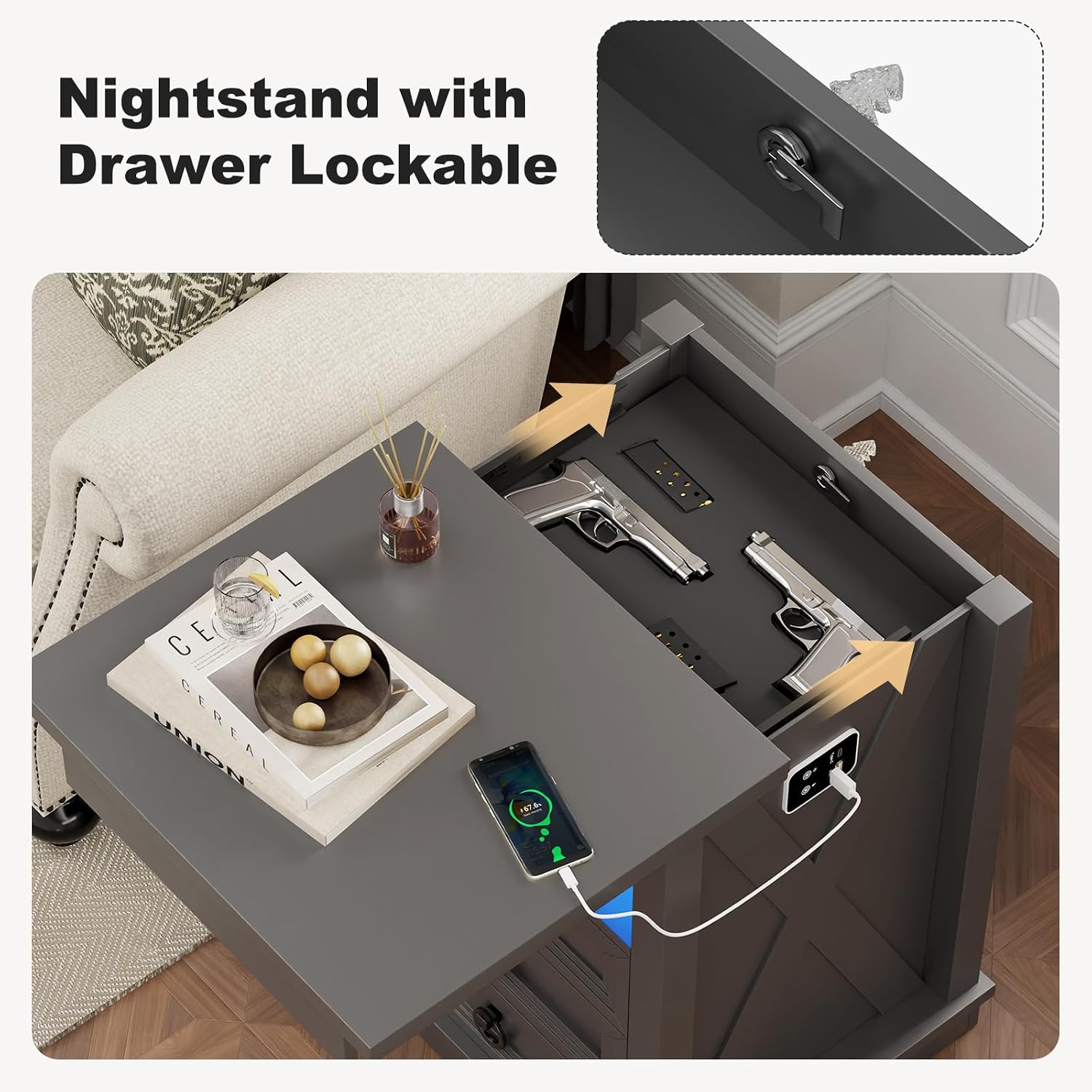 Smart LED Nightstand with Lockable Gun Drawer & Glass Top（Black） | Modern Bedside Table with Charging Station and Hidden Storage, LED Night Stand with 4 Drawers & Motion Sensor for Bedroom