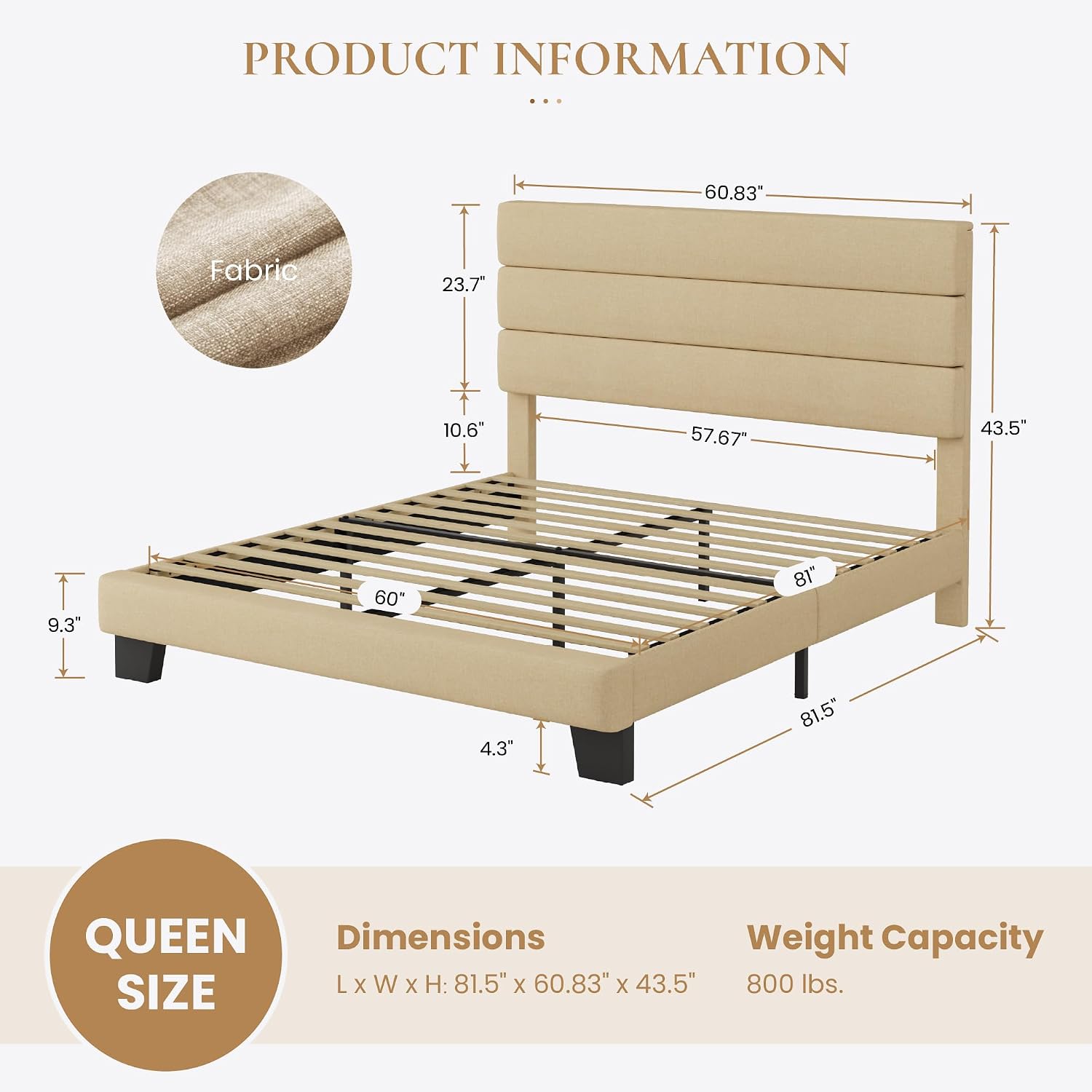 SHA CERLIN Full Platform Bed Frame with Upholstered Fabric Headboard, Grey