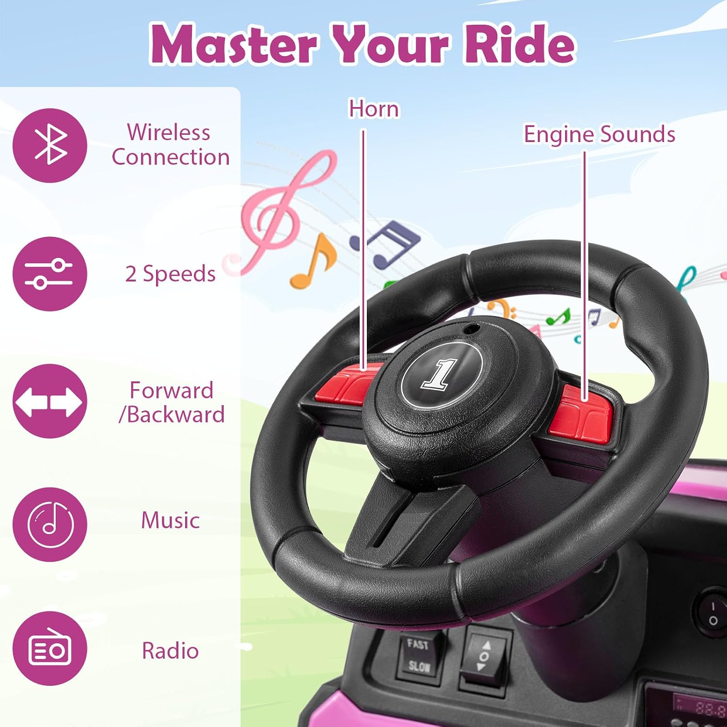 Costzon Ride on Tractor with Detachable Trailer, Kids' Electric Vehicles w/3-Gear-Shift Ground Loader, Wireless Design & USB, 7 LED Headlights