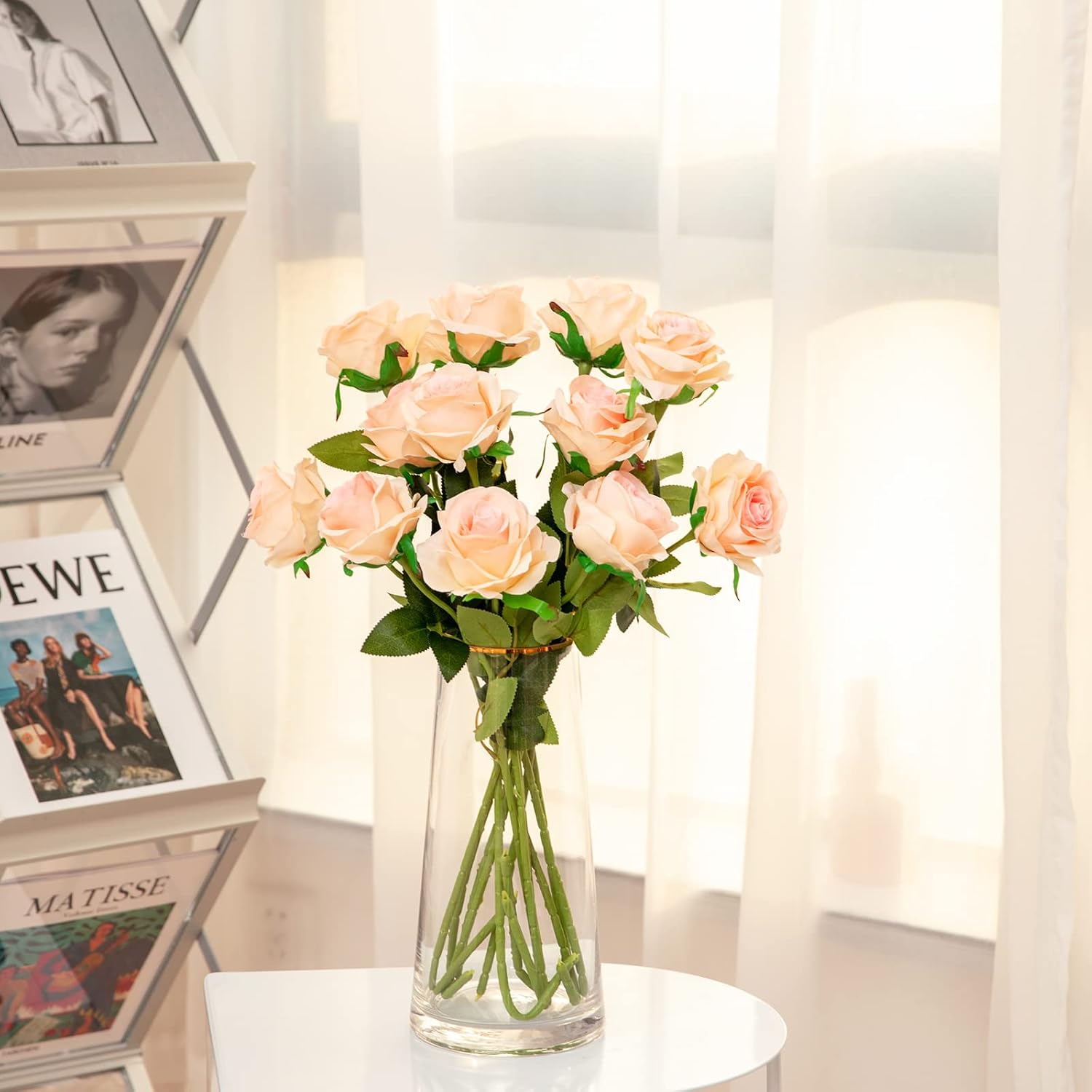 Hawesome 12PCS Artificial Silk Flowers Realistic Roses Bouquet Long Stem for Home Wedding Decoration Party (Yellow, 6 Flowers 6 Buds)
